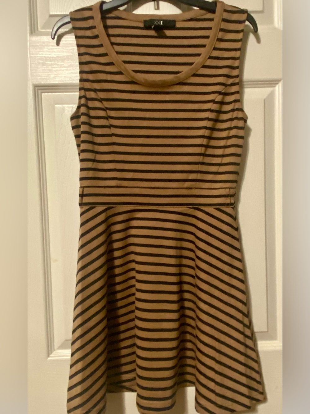 Forever 21 Tan and Black Striped Sleeveless Fit & Flare Dress